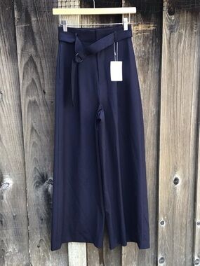 Des Pres Wide Leg Belted Baggy Wide Leg Pants Womens Navy Japanese Designer 32